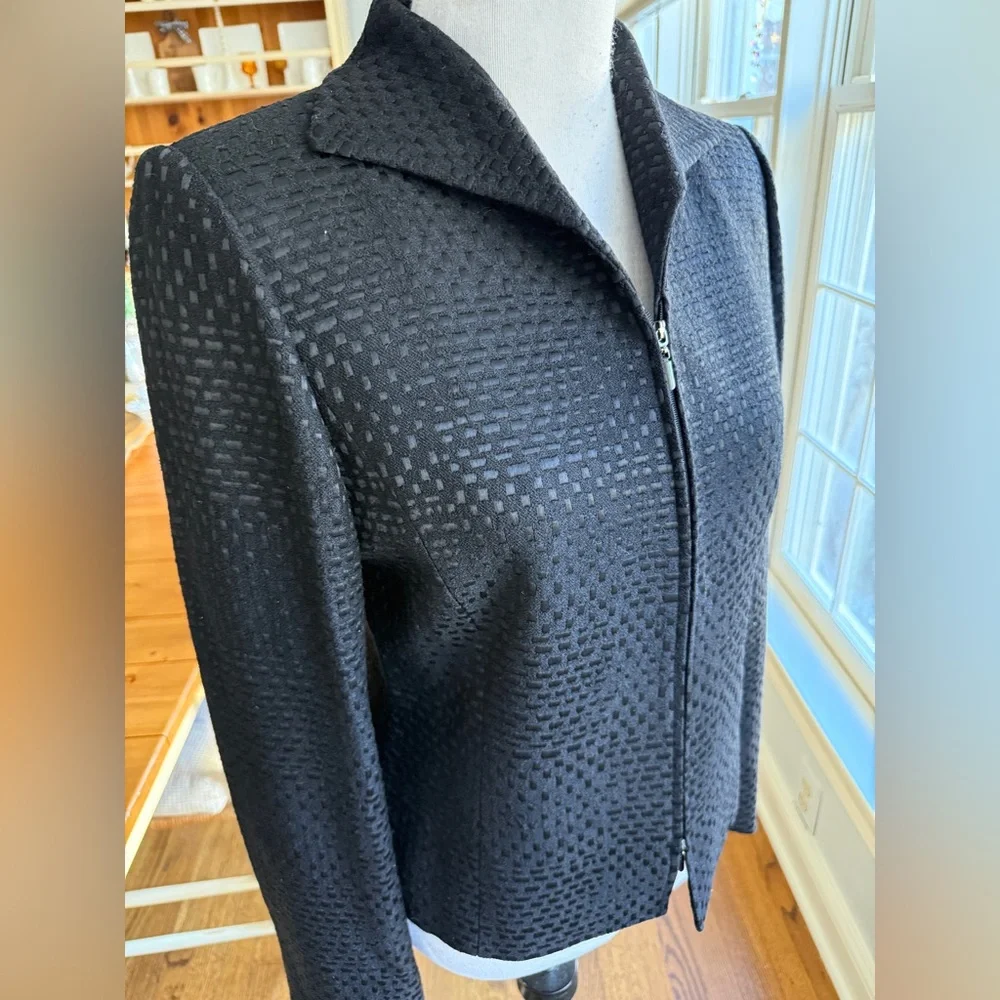 Linda Allard Ellen Tracy Black Textured Zip Jacket Silk Blend Lined Size 8